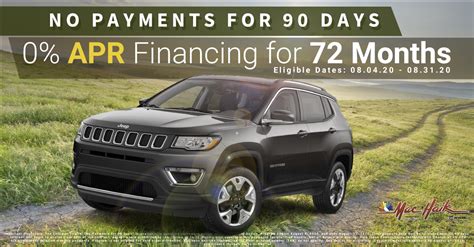 Jeep 0 financing for 72 months - Terms up to 72 months with equal monthly payments for qualified buyers. Not all buyers will qualify. Program is not eligible for sold order protection. Business entities that utilize the fleet account number (FAN) do not qualify. See dealer for eligibility. Customer must take delivery by March 31, 2020, and finance through Chrysler Capital.